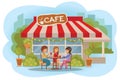 Vector illustration of people at the cafe outdoor. Three friends women sitting while drinking hot coffee and talking Royalty Free Stock Photo