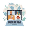 Vector illustration of people chatting online together poster. Men, women have video calling to each other. Internet