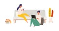 Vector illustration of people checking the web in the autumn. Man and woman have a relaxing day off