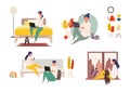 Vector illustration of people checking the web in the autumn. Man and woman have a relaxing day off