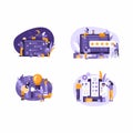 Vector illustration, people communicate through internet and messengers, vector graphics of people working with charts and data.