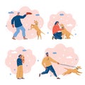 Vector illustration of people with a dogs. Walking, pla ing, hugging, running.