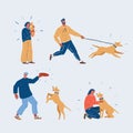 Vector illustration of people and dogs. Woman and man play, hug, walk, play and pet their dog. Character on white Royalty Free Stock Photo