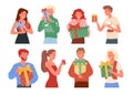 Vector illustration people holding presents, Christmas gift boxes. Happy friends take and give presents each other Royalty Free Stock Photo