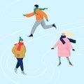 Vector illustration of people ice skating in warm winter clothes