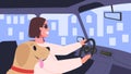 Vector illustration of people inside their cars. Female character driving a car