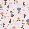 Vector illustration of people in the rain. Autumn mood.