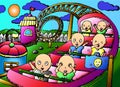 A group of bald heads riding a roller coaster