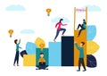 Vector illustration, people run to their goal in a column of columns, increase motivation, the way to achieve the goal