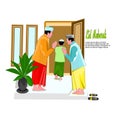 Vector Illustration of people visit each other and wishing eid mubarak (blessing for eid