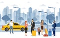 Vector illustration of people waiting taxi on the street. Many passengers are waiting for a taxi in front of the airport