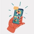 Vector illustration of peoples faces on display smartphone. Hand holding mobile phone. Chat, Video call with friends or