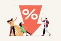Vector illustration, percent presses down arrow, percent drop. Low rate, special offer, loan concept. Financial business