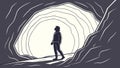 A person standing at the mouth of a cave with a bright light inside. vector design Generative AI Royalty Free Stock Photo