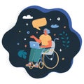 Vector illustration of person in Wheelchair. Woman with disabilities working at laptop