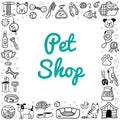 Doodle goods for a pet shop in a cartoon style.