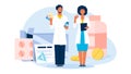 Vector illustration of pharmacists. Cartoon scene with doctors that prescribe treatment with pills and syrups white
