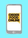 Vector illustration of a phone with the inscription Order Food Online. Button on the screen, online shopping. Order goods via Royalty Free Stock Photo