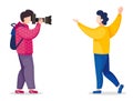 Vector illustration of photographer making photo of posing man, shooting man using reflex camera