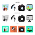 Vector illustration of photoshoot and work symbol. Collection of photoshoot and hobbies stock vector illustration.