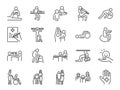 Physical therapy line icon set. Included icons as recovery, body, Nursing Home, take care, hospital, physiology and more.