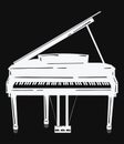 Vector illustration of a piano. Keyboard musical instrument. Stylized grand piano. Musical emblem. Black and white logo.