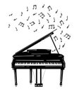 Vector illustration of a piano with notes. Keyboard musical instrument. Stylized grand piano issuing sound. Musical