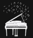 Vector illustration of a piano with notes. Keyboard musical instrument. Stylized grand piano issuing sound. Musical