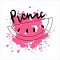 Vector illustration picnic. Hand-drawn black lettering and lineart doodle watermelon with pink texture background Royalty Free Stock Photo