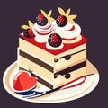 of a piece of cake with cream and berries on a plate Generative AI Royalty Free Stock Photo