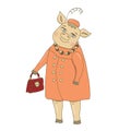 Vector illustration of a pig in an elegant, orange dress, in a hat with a feather, with a red bag, in acorn beads. For registratio