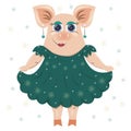 Vector illustration of a pig in an elegant, sparkling dress, in beads, earrings. For registration of cards, clothes, covers, gifts