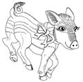 Pig with ribbon black and white line drawing template for engraving, embroidery, burning out on a tree and other creative