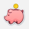 Sticker of piggy bank for cash money with gold dollar coin in side view Royalty Free Stock Photo
