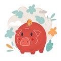 Vector illustration of Piggy Bank with coin. Money and finance, saving and accumulation and storage and investment Royalty Free Stock Photo