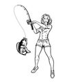 Vector illustration with a pin up girl with a fishing rod