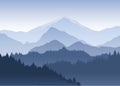 Vector illustration of the pine trees forest receding into the distance on the background of light blue mountains in