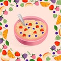 Vector illustration on a pink background oatmeal with blueberries and strawberries for advertising, postcard, banner