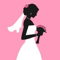 The black silhouette of a beautiful bride in white wedding dress with a bridal bouquet with pink roses and veil. Royalty Free Stock Photo