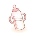 Vector image of a new born baby bottle with handles and pink pacifier. Infant vector icon. Child item.