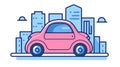 Vector illustration of a pink car on the background of the city. Royalty Free Stock Photo