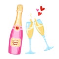 Vector illustration of pink champagne bottle and glasses for valentine's day. Festive sparkling wine and glasses