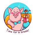 Vector illustration of pink color character pig in blue round fr