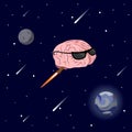 Vector illustration of pink color smile brain with glasses flying in space. Flat style design of character brain