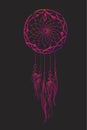 Vector illustration with pink dream catcher on a black background. Ornate ethnic items, feathers, beads.