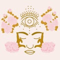 Vector illustration with pink flower bouquets and golden woman face Royalty Free Stock Photo