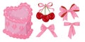 Vector Illustration of pink girly vintage bows, bento cake, vintage lambeth cake and cherry. Cute bento lambeth cake