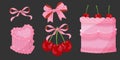 Vector Illustration of pink girly vintage bows, bento cake, vintage lambeth cake and cherry. Cute bento lambeth cake