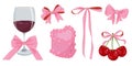 Vector Illustration of pink girly vintage bows, wine, bento cake and cherry. Cute bento lambeth cake. Girly coquette