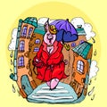 Vector, illustration,pink pig with a blue umbrella goes in the rain, a small handbag, home, road, sputum, water drops